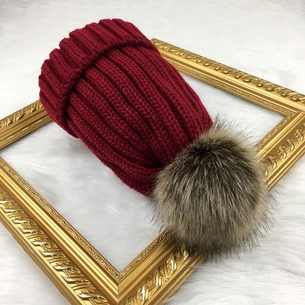 

women winter striped knitted beanies caps kids fluffy pompom knit hats curled detachable hairy ball skullies cap