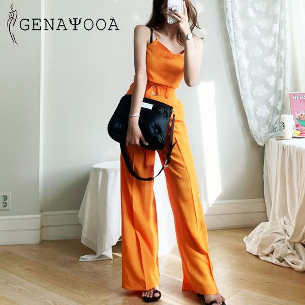 

genayooa sleeveless halter two piece set and pants 2020 summer korean 2 piece set women tracksuit high waist women sets, White