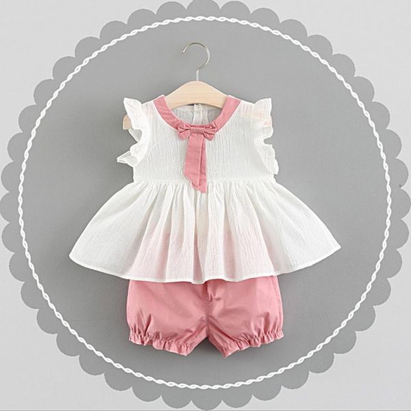 

summer children baby girls casual flare sleeve t-shirt+shorts suits pure cotton costume set, White