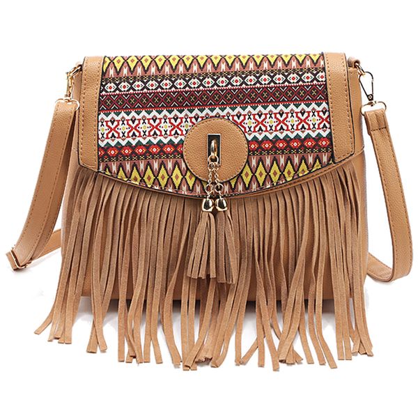 

fggs women's leisure retro splice folk-custom tassel messenger bag light brown