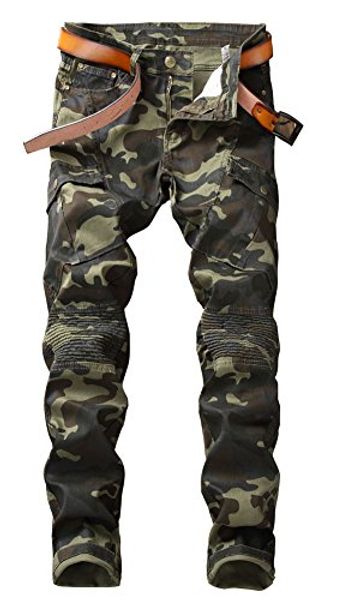 

plaid&plain men's camo stretch skinny jeans slim tapered biker jeans, Blue
