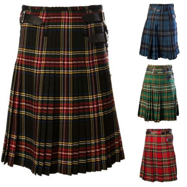 

casual pleated scottish kilts mens 2019 new fashion pants cargo personality trousers plaids pattern loose half skirts for male, Black