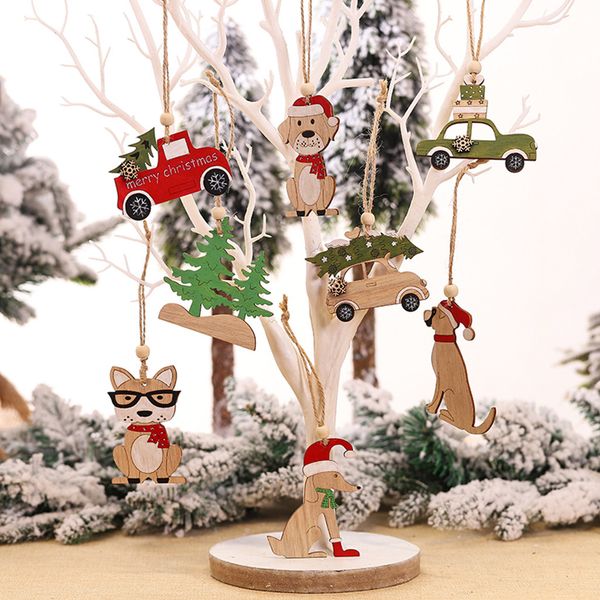 

8pc wooden hanging happy new year 2020 ornaments christmas tree cabin elk car ornament xmas party ornaments christmas gift drop