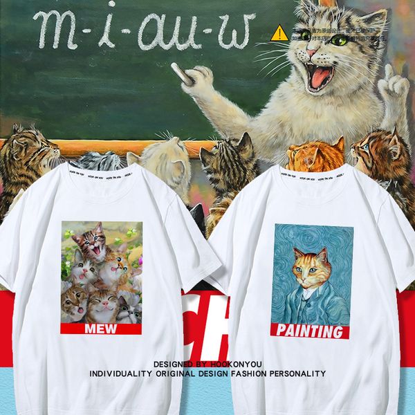 

кошка с коротким рукавом мужская футболка прекрасный красивый кот одежда тренд мужчины и женщины с коротким рукавом футболка куртка, White;black