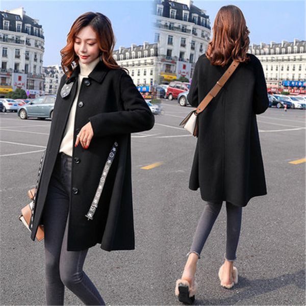 

new fashion woolen coats female 2019 autumn winter jackets women korean loose long cape wool coat with belt v1057, Black