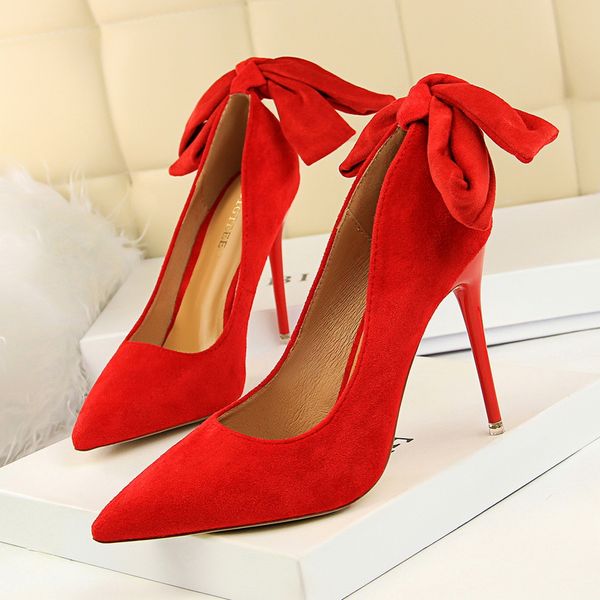 

2020 size 40 women 10cm high heels bridal scarpin pumps ladies pointed toe butterfly-knot pink nude heels female bigtree shoes, Black