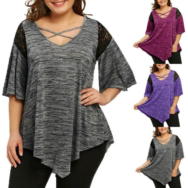 

tops способа высокого качества плюс размер flare рукавом асимметричный мундир lace t shirt лето топы для женщин ma7, White