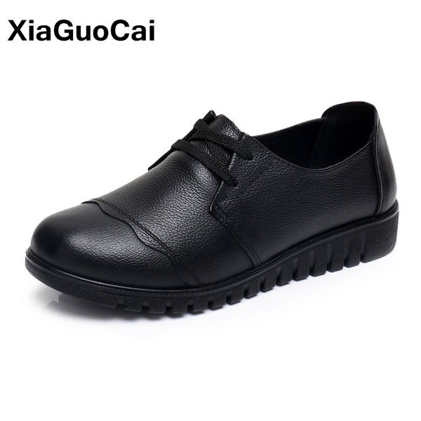

autumn winter women shoes black genuine leather female flats loafers round toe mother's footwear soft comfortable
