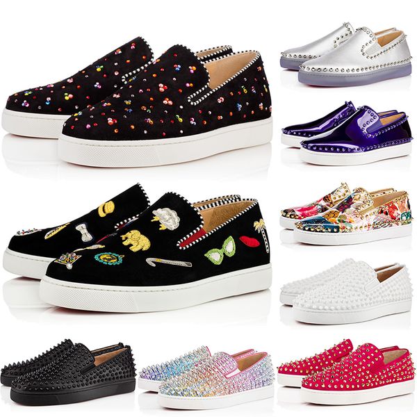 

with box luxury red bottoms men women studded spikes crystal flats women designer shoes glitter slip-on genuine leather casual sneakers, White;red