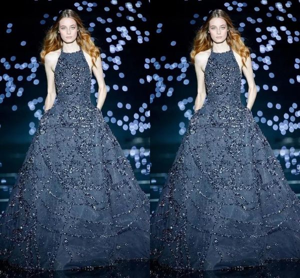 Elie Saab 2020 Темно-Синий Вечерние Платья Холтер Шеи Тюль Онлайн Пром Платья Полная Длина Сексуальная Вечернее Платье Знаменитости Индивидуальные