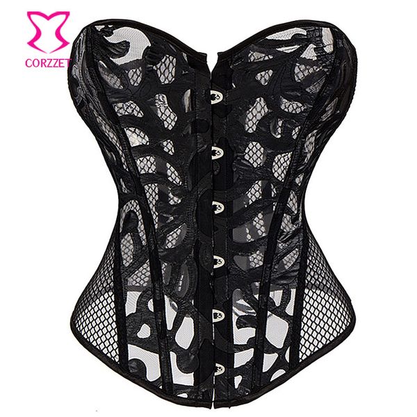 

black hollow out faux leather fishinet overbust corset and bustiers gothic women lingerie espartilhos e corpetes plus sise, Black;white