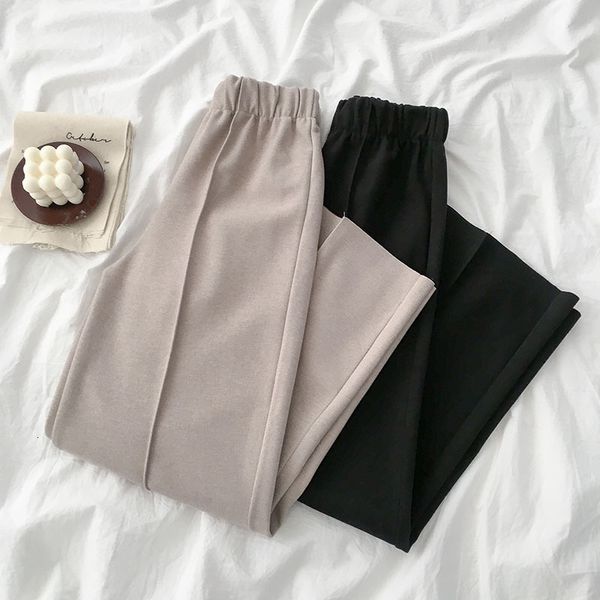 

шерстяной wide leg брюки женщины повседневная мода высокая талия свободные брюки женщины зима черный абрикос упругие длинные pant bottom, Black;white