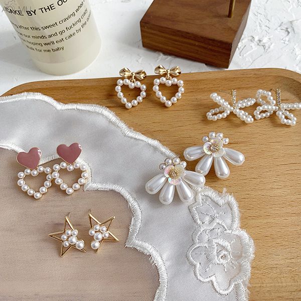 

aomu япония корейский мода жемчуг лук цветок полые звезды эмаль любовь сердце серьги 2019 для женщин девушка партия ювелирных изделий brinco, Golden;silver