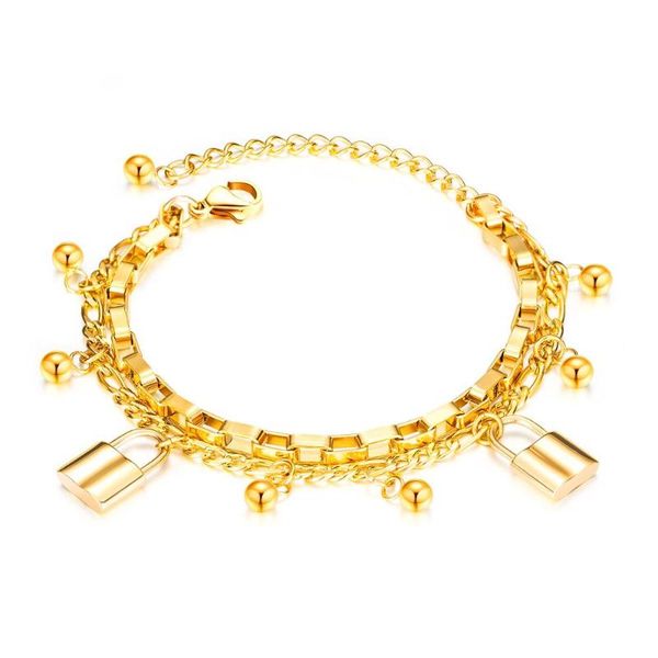 

charm bracelets 2021 fashion gold color lock for women kpop stainless steel multilayer chain armband cuff jewelry, Golden;silver