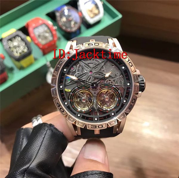 

watch rd excalibur 46 full hollow out real tourbillon wristwatch miyota automatic movement rubber strap 47mm men watches rd04, Slivery;brown