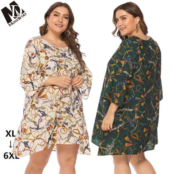 

maxdiroo2019 spring summer chain print casual loose three quarter plus size short dress 5xl women asymetric beach dress vestidos, Black;gray