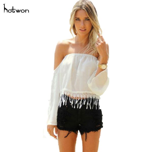 

новые горячие продажи мода лето женщины кисточкой случайные свободные с плеча растениеводство топы футболка, White