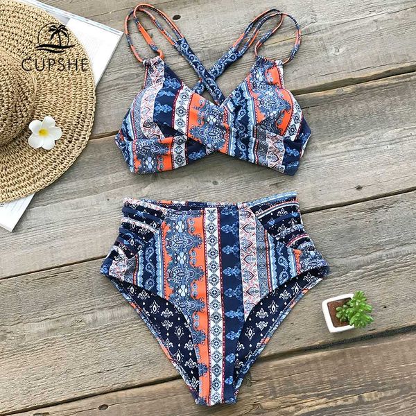 

cupshe boho print cross front push up bikini sets women lace-up strappy two pieces swimsuits 2019 girl swimwear