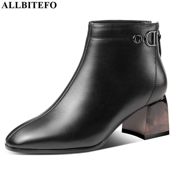 

allbitefo real genuine leather simple style women boots square toe ankle boots autumn winter fashion girls comfortable, Black