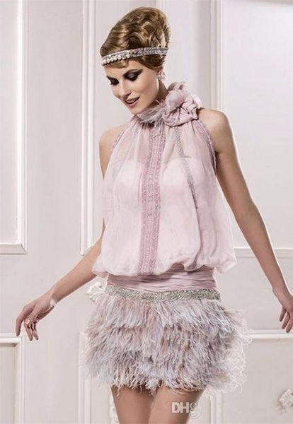 

pink 2019 elegant cocktail dresses sheath halter chiffon feather beaded elegant short homecoming dresses, White;black