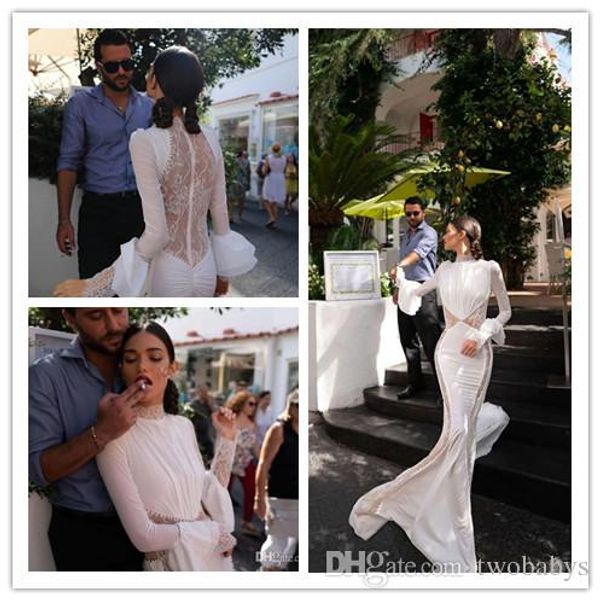 

2019 inbal dror mermaid wedding dresses high neck lace court train long sleeves illusion back bohemian wedding dress custom made bridal gown, White