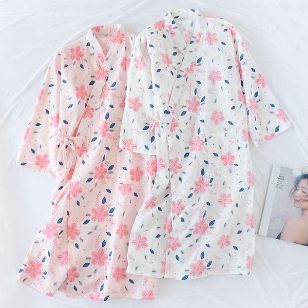 

summer kimono bathrobe print flower women loose robe gown cotton sleepwear nightgown casual japanese style yukata night dress, Black;red