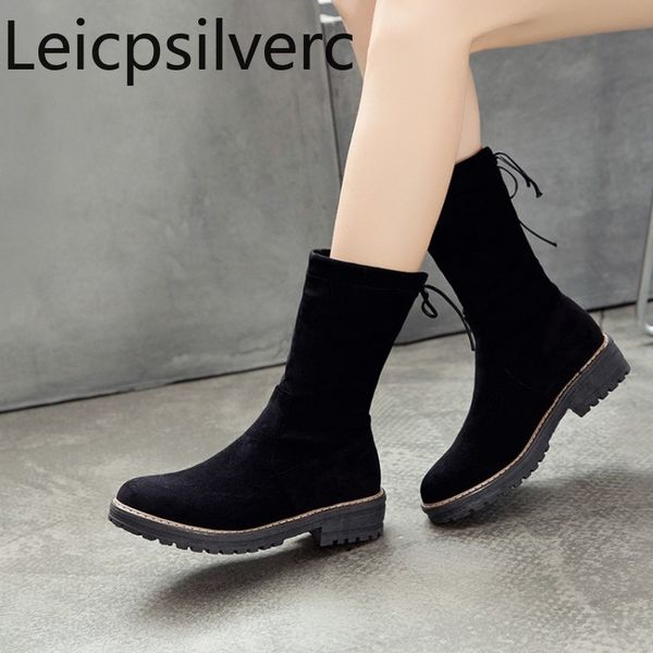 

women's boots autumn and winter new fashion round head lace-up thick heel low-heeled middle tube women's shoes plus size 34-43, Black