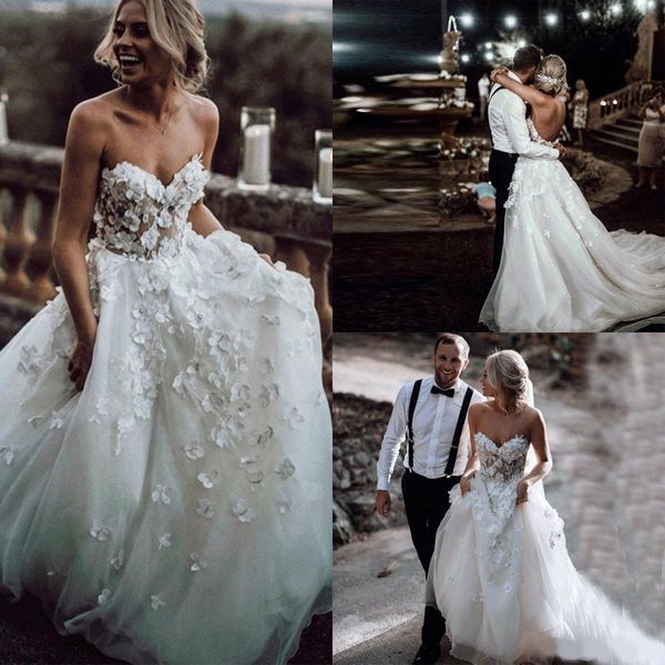 

2020 beach wedding dresses lace 3d floral flowers tulle a-line sweetheart boho bridal gowns sweep train plus size bohemian wedding dress, White
