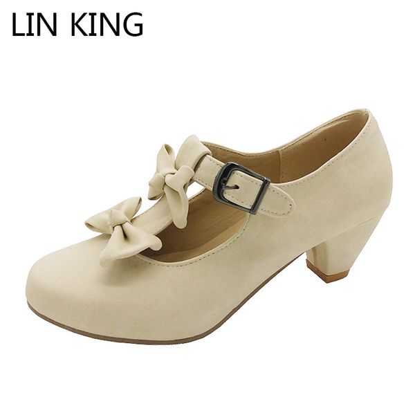 

lin king plus size mary janes women pumps high heel lolita shoes sweet buwtie round toe princess pumps lady cosplay party shoes, Black
