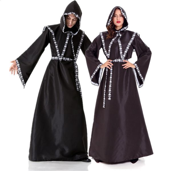

halloween cosplay wizard witches grim reaper costume men and women couples black robes costumes, Silver