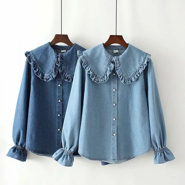 

2020 mori girl spring peter pan collar flare sleeve solid loose denim shirt women, White