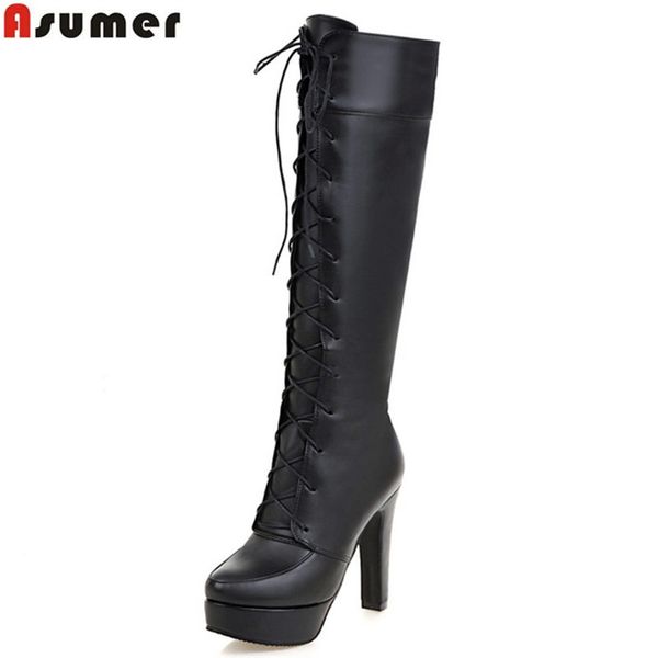 

asumer new arrive women boots black brown pu lace up knee high boots solid color platform super ladies