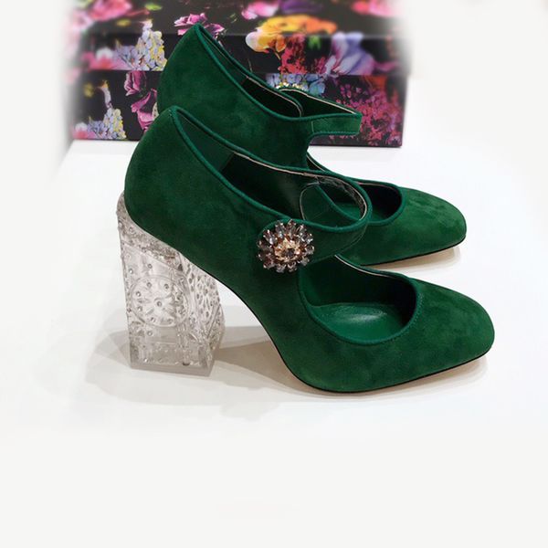 

2020 leather 10cm transparent chunky high heels round toes dress shoes party wedding mary jane diamond flower buckle colours, Black