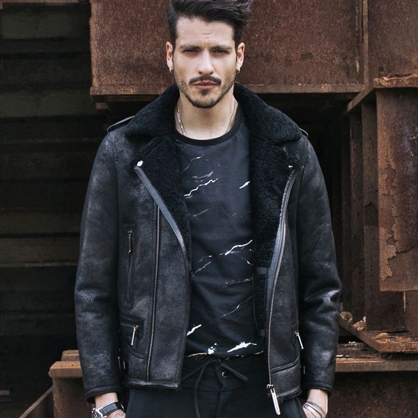 

new style mens genuine leather shearling sheepskin coat classic lapel design motorcycle black jacket