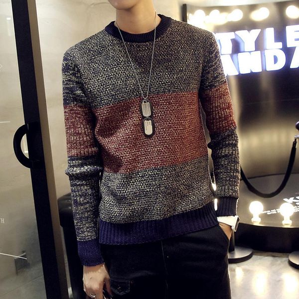 

glorystar men spring korean slim retro round neck long sleeve knit sweater top, White;black