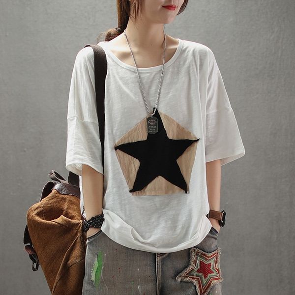 

2019 wen yifan cotton women's loose all-match five-pointed star cloth round collar short sleeve t-shirt coat t-shirt top, White