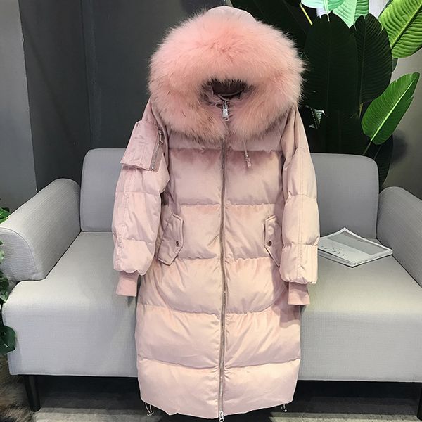 

winter jacket women 2018 fashion velour long parkas women's white duck down jackets large raccoon fur coats for female outwear, Black