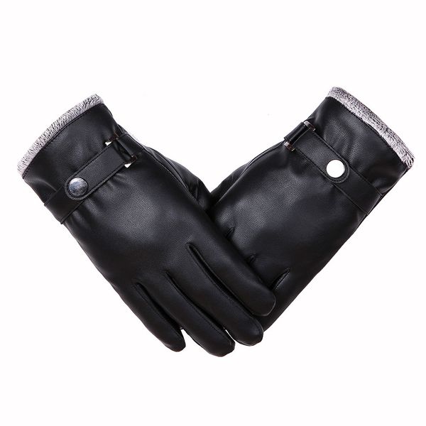 

men winter warm gloves retro thickened pu leather touchscreen gloves plush cuff outdoors anti-skid gloves for men, Black