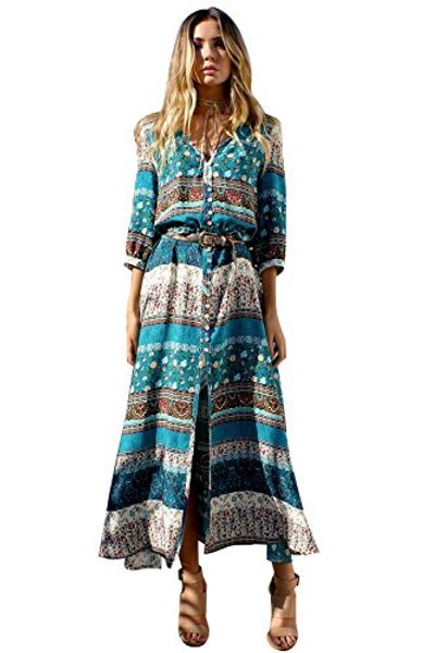 

inflation womens half sleeve split button up bohemia floral print maxi dress, Black;gray