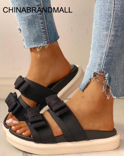

2020 summer new shoes spell color bow platform slippers fashion outer wear muffin with word sandals ins sandalia feminina, Black