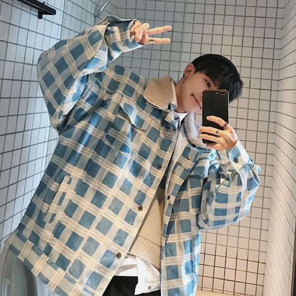 

winter lamb fur coat men warm thick parka men fashion solid color casual plaid jacket man streetwear loose cotton male clothes, Black
