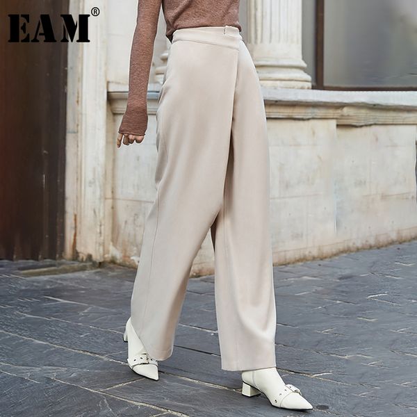 

eam] high waist button apricot split long wide leg trousers new loose fit pants women fashion tide spring autumn 2020 1n366, Black;white