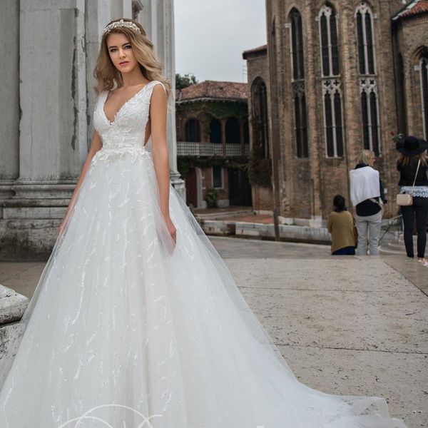 

v-neck sequin tulle white gowns bridal with appliques court train grace a-line wedding dress side cut low 2020 new