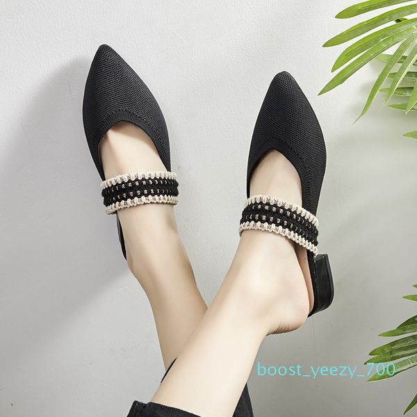 

unusual heels slippers woman pointed toe footwear slides knitted shoes female fashion mules shoes woman summer 2019 new b70, Black