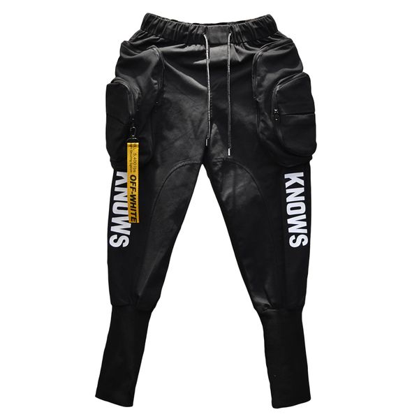 

cargo pants весна лето хип-хоп joggers грузовых шаровар мужчины длинная большая гзк кармана застежка-молния белой черная, Black