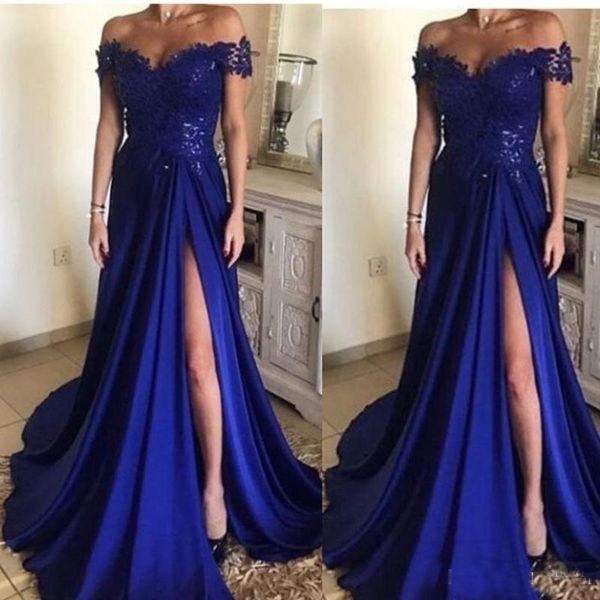 

Elegant Royal Blue Long Prom Dresses 2018 With Lace Off Shoulder Cap Sleeve Split Floor Length Satin Evening Gowns Formal Prom Dress