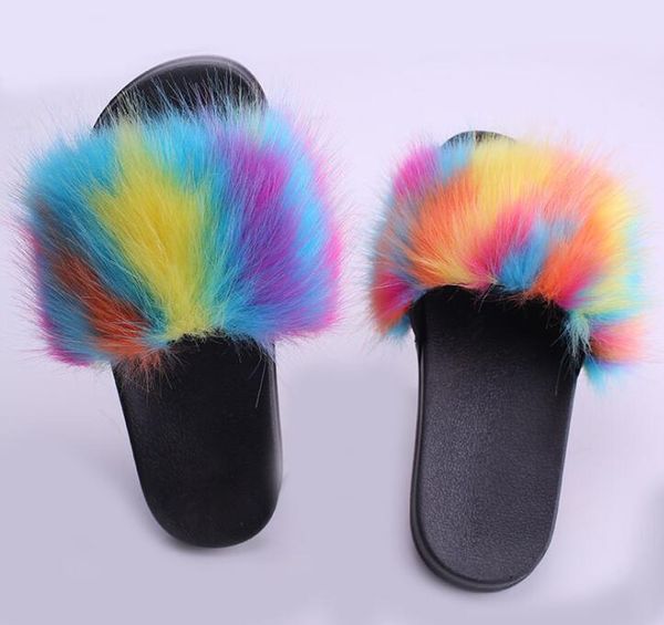 

смешанный цвет оптовая главная потертости лисий мех тапочки женская мода новые плюшевые тапочки многоцветные мягкие женские туфли ленивый тр, Black