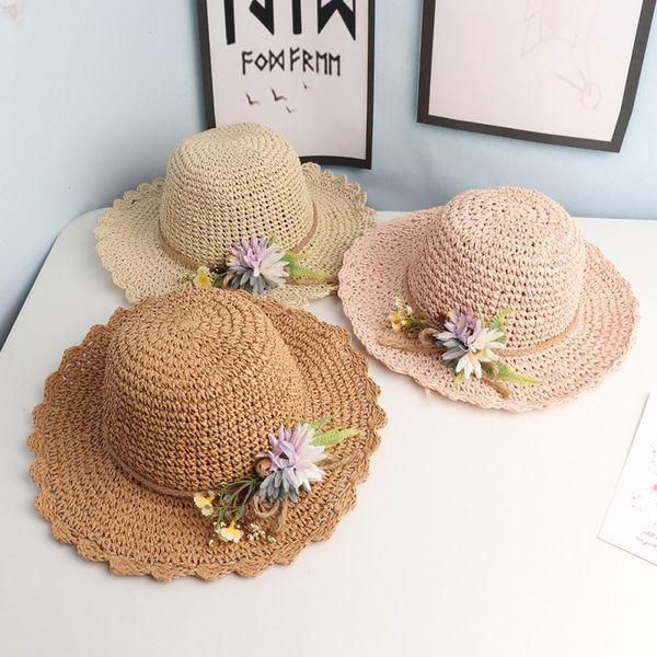 

2020 summer kids girls flowers sun cap sweet casual children baby straw beach hat toddler baby girl caps, Yellow