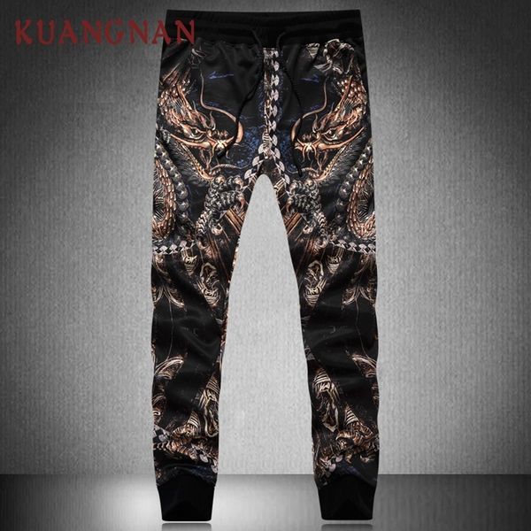 

kuangnan chinese style dragon printed pants men jogger japanese streetwear joggers men pants hip hop trousers men pants 2019 new y19073001, Black