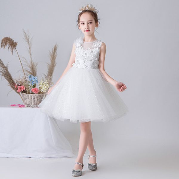 

2020 new and good-looking fashion fashion small round collar sleeveless princess skirt little girl foreign style puffy yarn white birthday d, White;blue